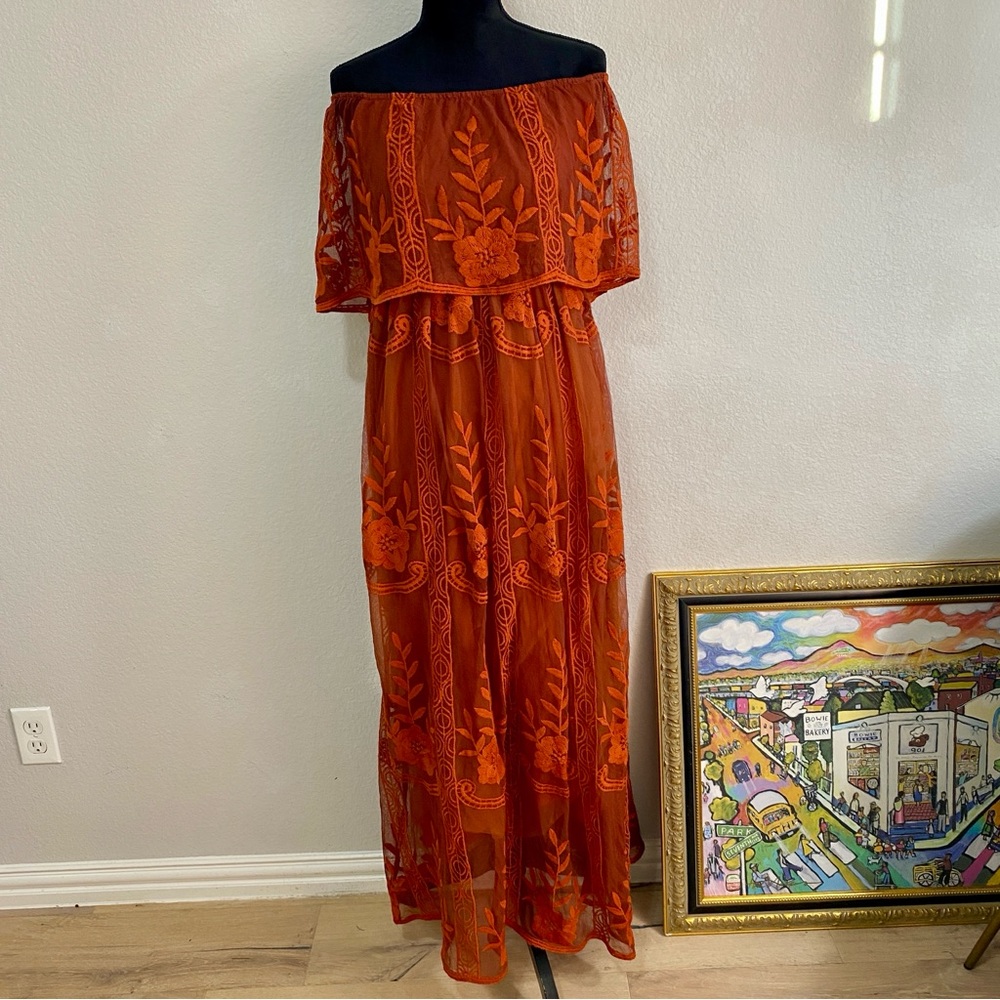 Baltic Born Leon‎ Off Shoulder Maxi Dress Rust Size Small Wedding Guest Tulle - Picture 2 of 13